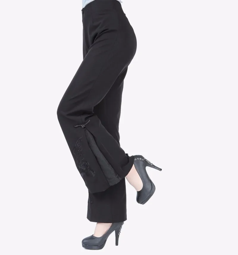Весна осень черные китайские женские расклешенные брюки традиционные брюки с вышивкой цветок плюс размер S M L XL XXL XXXL 4XL 2991-1