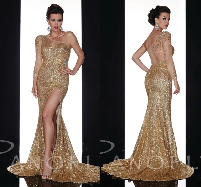 One Shoulder Gold Prom Dress