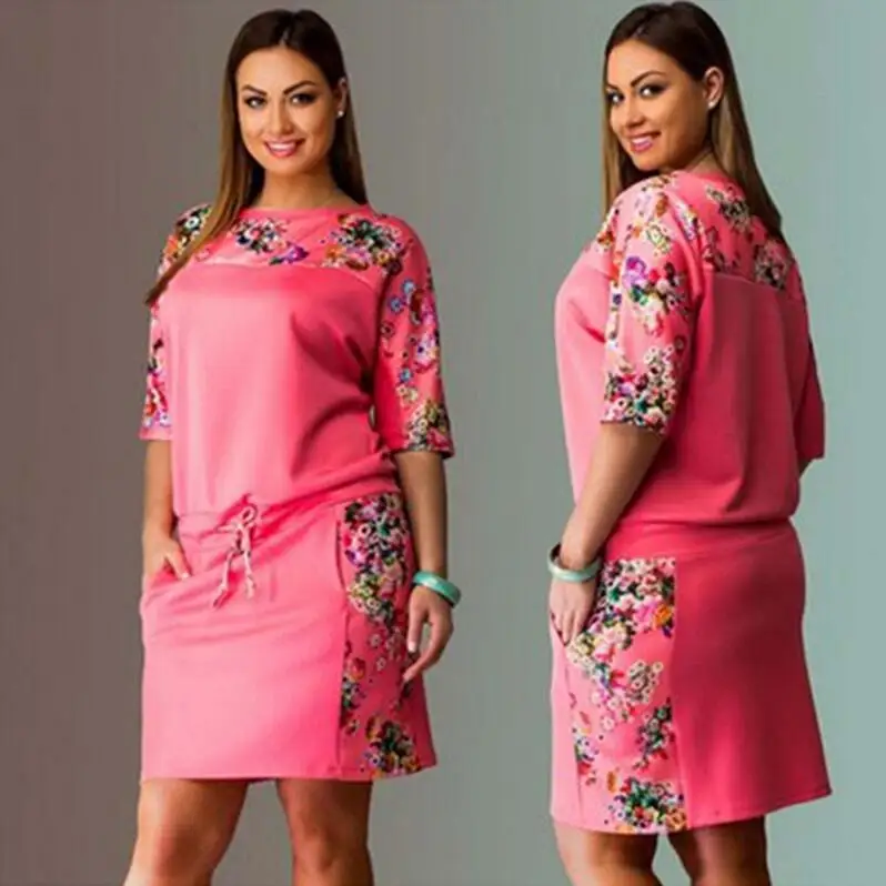 AliExpress,, летнее женское платье, новинка, круглый вырез, XXXXXXL, рукав, цифровой принт, талия, большие размеры, женские платья, Vestidos BLK8025 - Цвет: Розовый
