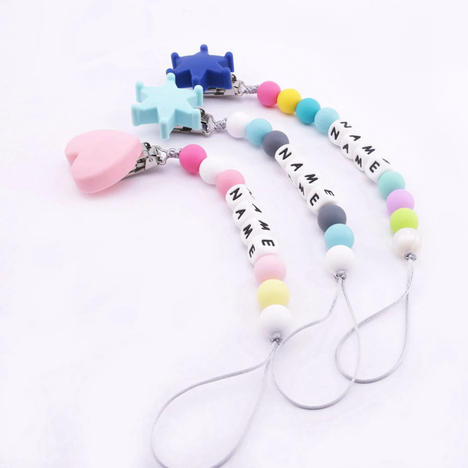 

Bite Bites 1pc Personalized Name Silicone Teething Pacifier Clips With Heart Love And Star Holder for Baby Chew Baby Teether