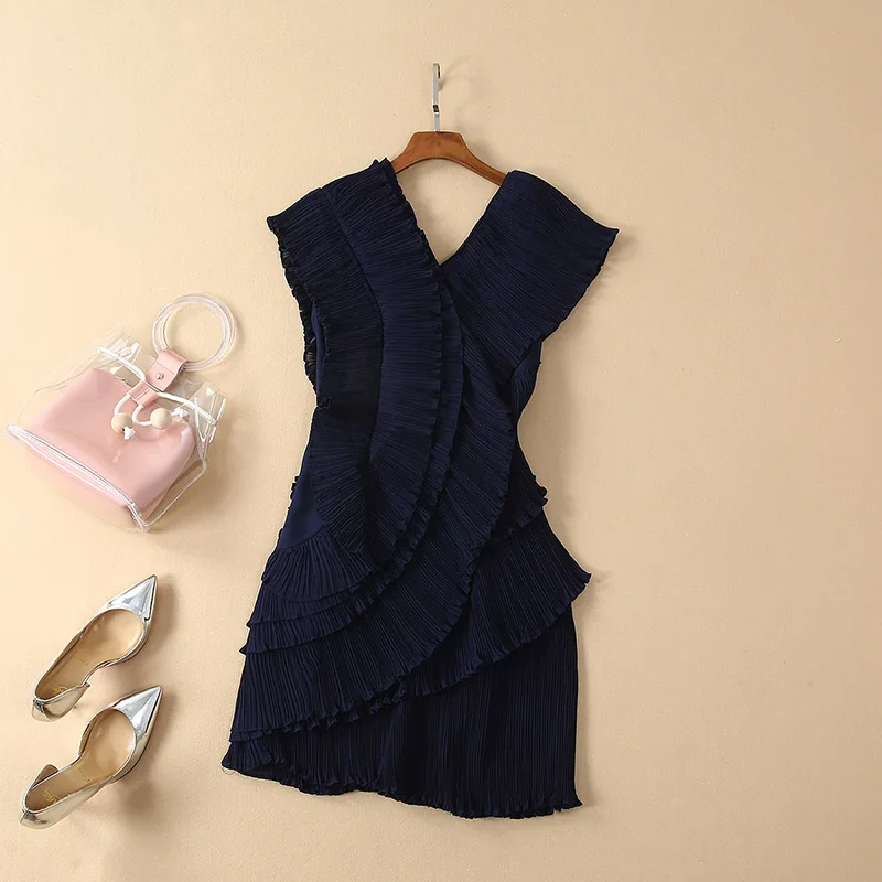 Лето осень V_neck плиссированное платье Высокое качество Мода без рукавов выше колена Мини женское платье