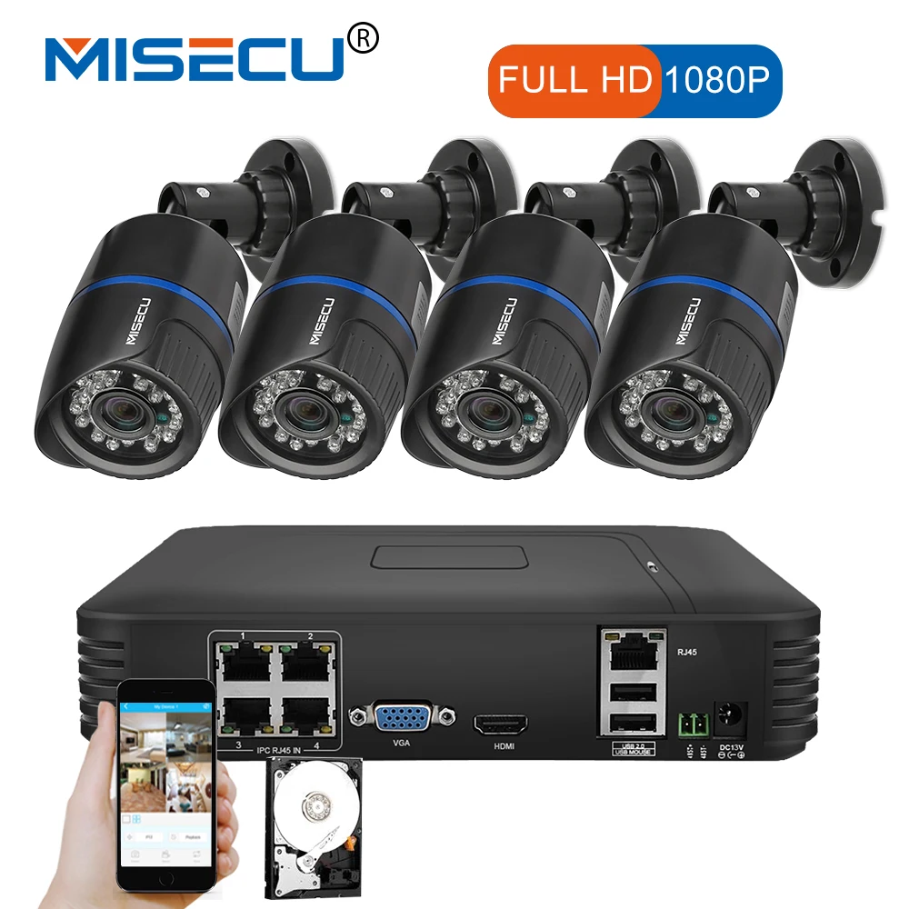 Goede MISECU 1080 p POE NVR 4 stks 2.0mp PoE IP Camera P2P HDMI VGA 1080 p 1 tb HDD nacht IR mobiele view outdoor CCTV Security Surveillance