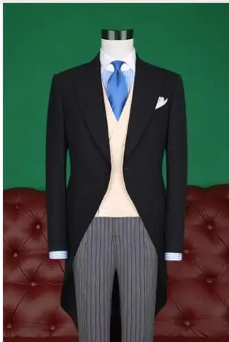 

Latest Coat Pant Designs Black Men Suit Long Tailcoat Gentle Prom Wedding Tuxedo Morning Suit Groom Custom 3 Piece Terno HF2