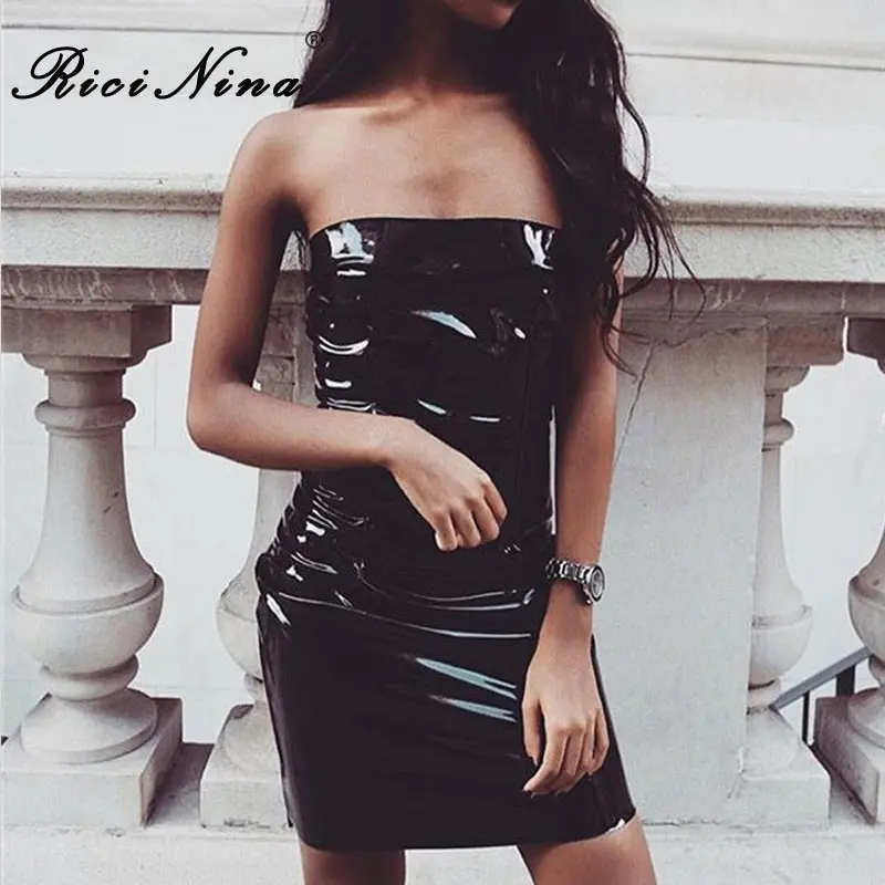 RICININA 2019 Woman Dress Ladies Sleeveless Srapless Short PU Dresses Women Summer Sexy Party Slim Mini Pencil Dresses Vestidos RICININA 2019 Woman Dress Ladies Sleeveless Srapless Short PU Dresses Women Summer Sexy Party Slim Mini Pencil Dresses Vestidos