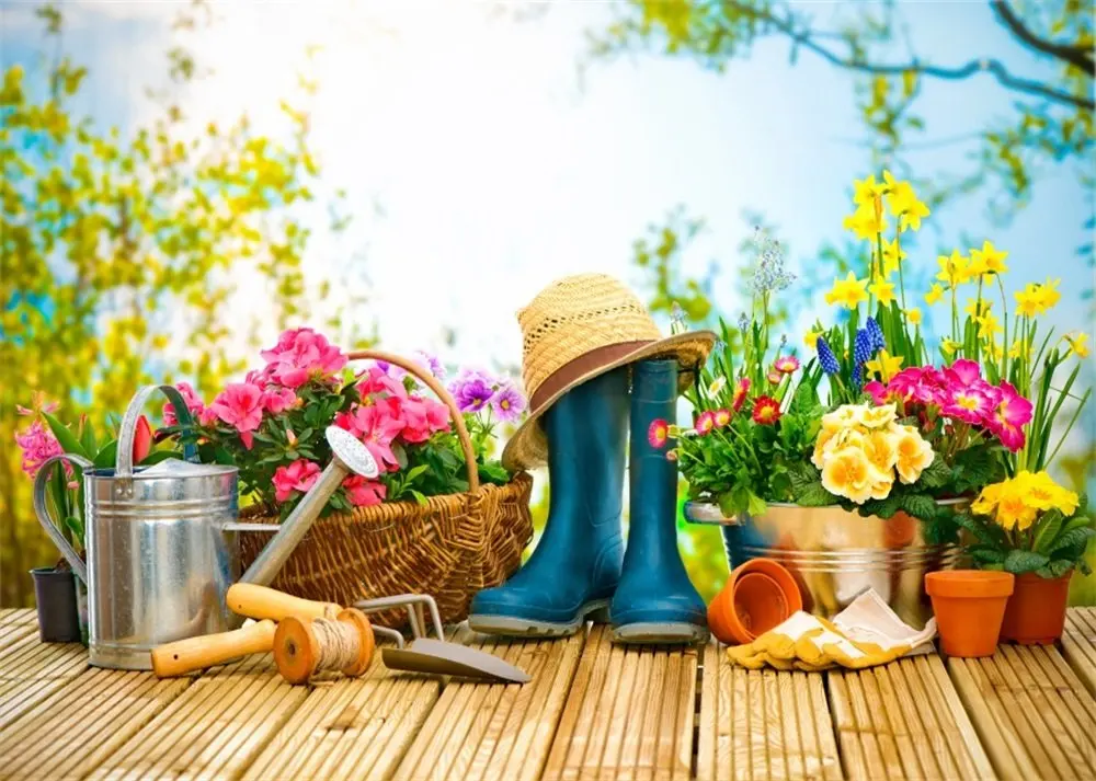 

Spring Gardening Backdrop Garden Tools Straw Hat Fresh Flowers Backdrops for Photography Studio