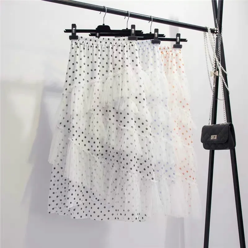 

High Street Style Fashion Skirts 2019 New-Coming Summer Dot Chiffon Patchwork Lace A-Line Mid-Calf Women Skirts