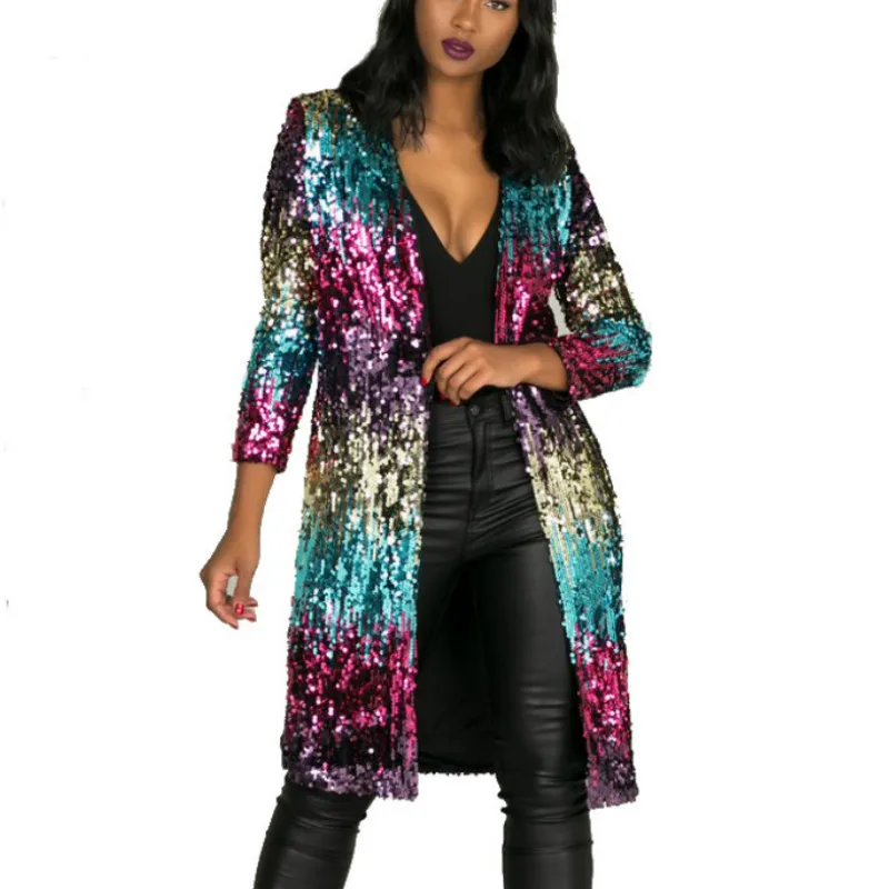 

Casual Long Sequins Coat Gradient Color sequined Coats jacket Beading Cardigan Metal Color casual splicing Windbreaker