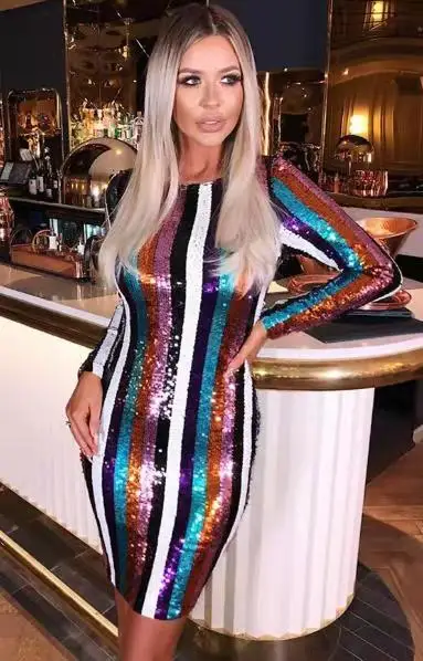 

High Quality Celebrity Long Sleeve Striped Colorful Fashion Dress Night Club Party Dress