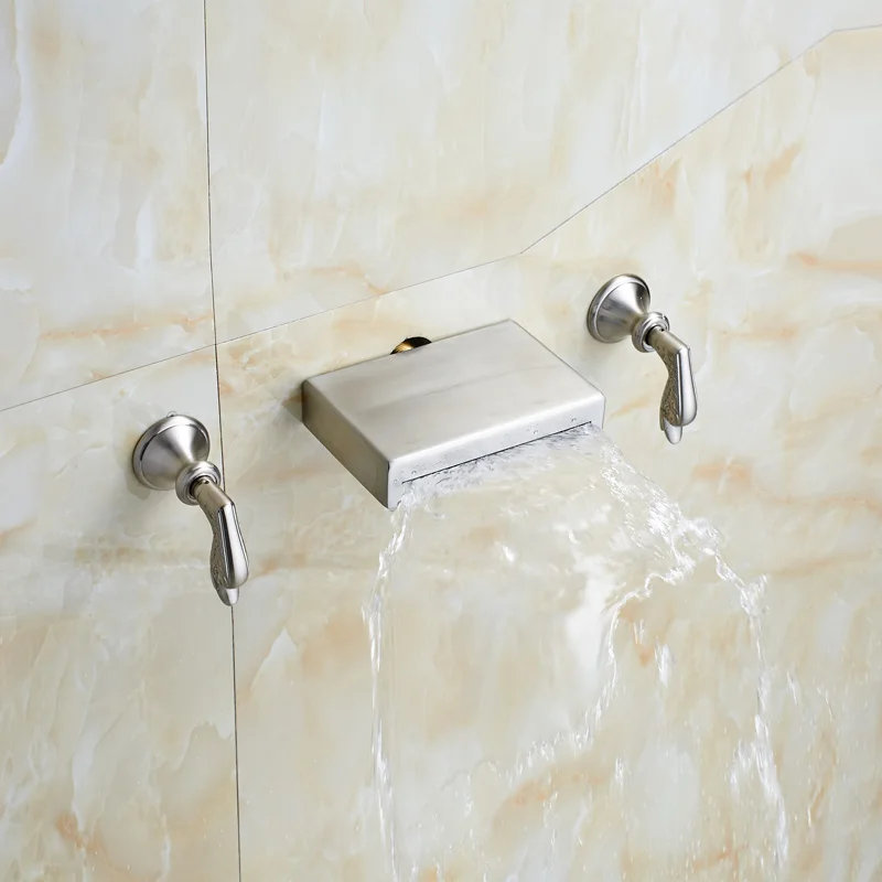 

Wall Mounted Bathroom Waterfall Sink Faucet Brushed Nickel Basin Mixer Taps with Hot and Cold Water