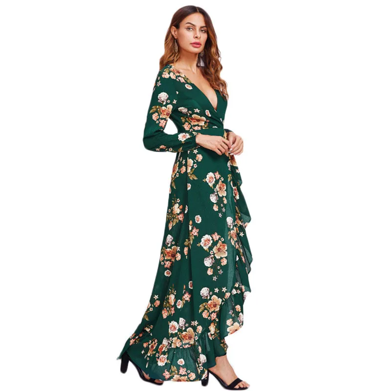 Maylina ретро Boho Цветочные оборками Макси платье с глубоким v образным вырезом