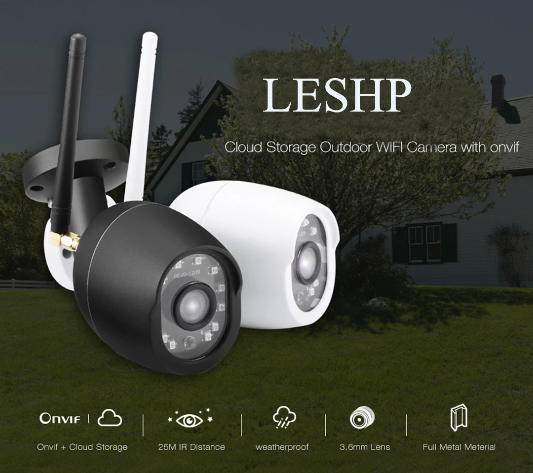 

LESHPCCTV 720P Wifi Light Sound Alarm Outdoor IP Camera IR 25m H.264 ONVIF Network Camera TF Card Slot Waterptoof Bullet Web Cam