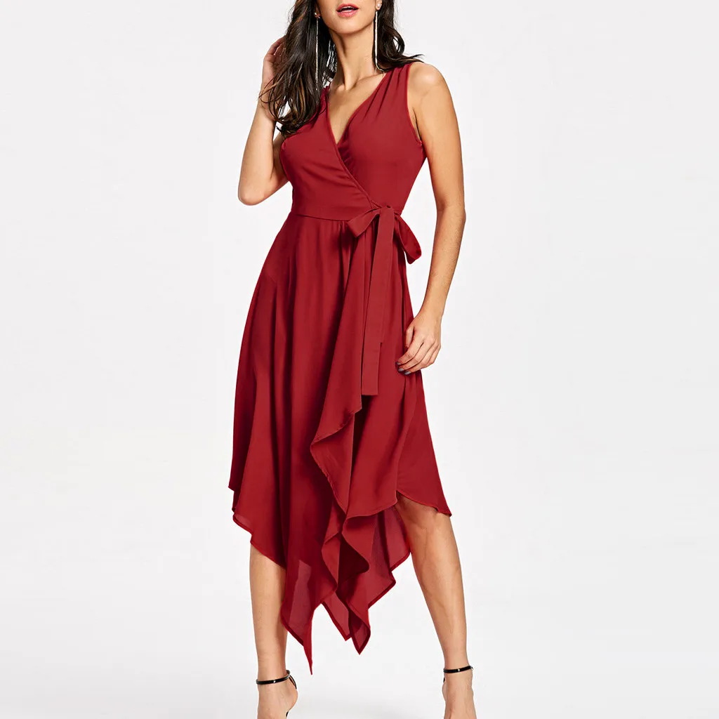 

Fashion Summer Bohemia Irregular Dress Solid Bandage Sleeveless Casual Beach Dress Women's Evening Party Dress Vestido de festa