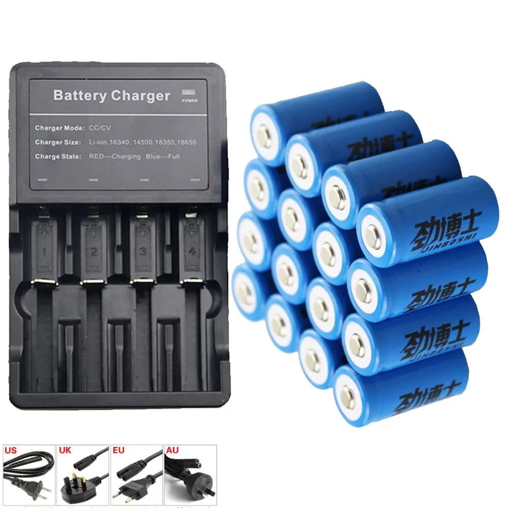 

Hot sale 16pcs High-quality 3.7v 400mAh CR123A rechargeable lithium battery+1pcs charger for 16340 camera