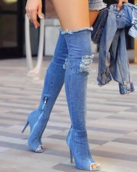 Rodilla Nuevas La Vaqueros Primavera Dark Peep Estilete Muslo Llegadas Blue Blue Mezclilla Venta Botas Toe Apenada Caliente 2017 light Elegante blue Sobre Faq5Z5x