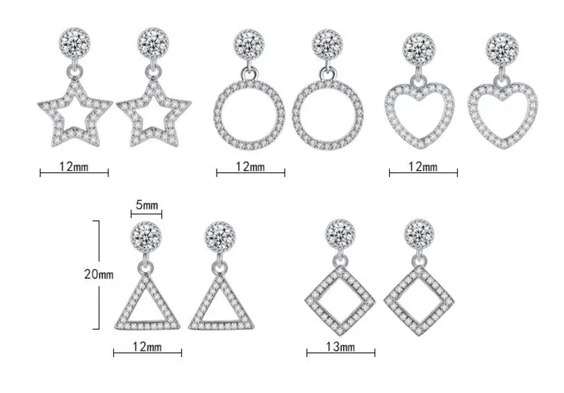 Anenjery, элегантные, модные, 5 форм, кристалл, циркон, геометрический, Круглый, звезда, сердце, квадратные, висячие серьги для женщин, Brincos S-E218