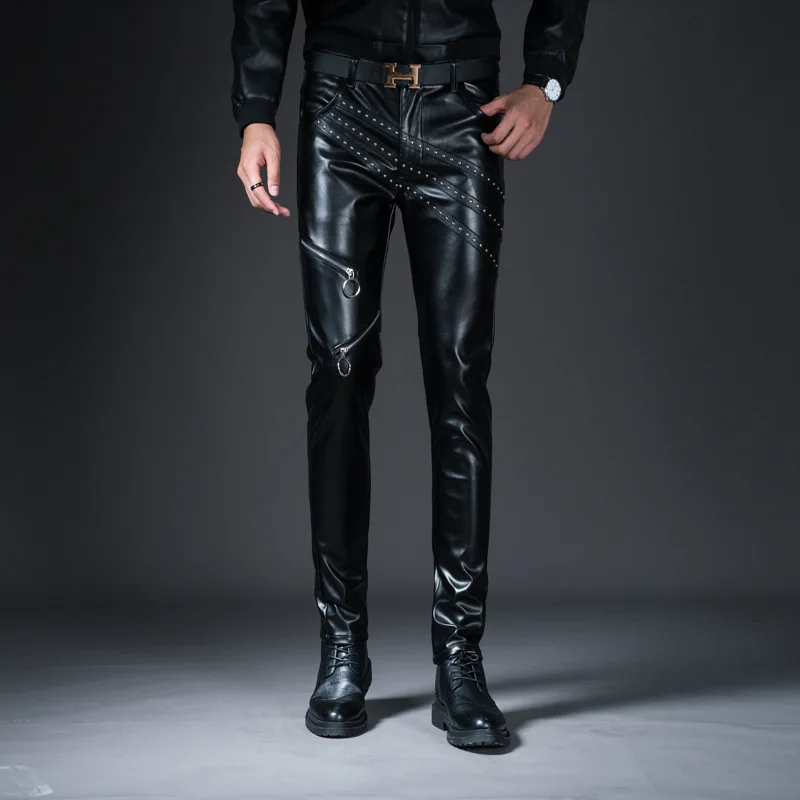 Male Slim Fit Leather Motorcycle Pants Punk Rock Stage Show Clothes Men's Casual PU Leather Pants Men Fashion Zipper Pant