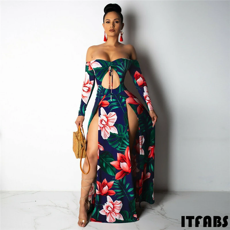 

Hot Selling Sexy Women Vintage Floral Dress Off Shoulder Long Sleeve Hollow Out Waist Floral Printed Backless Ladies Split Dress
