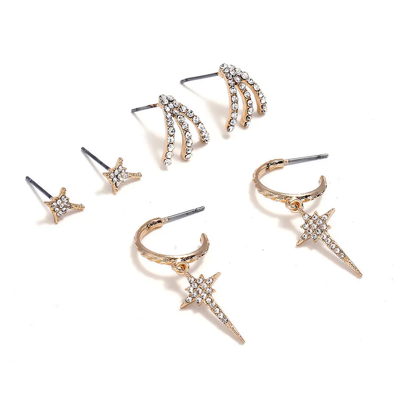 

3 Pairs/lot Crystal Star Stud Earring Set for Women Piercing Hot Sale Korean Style Ear Pendant Ear Studs Bincos 2018 Jewellery