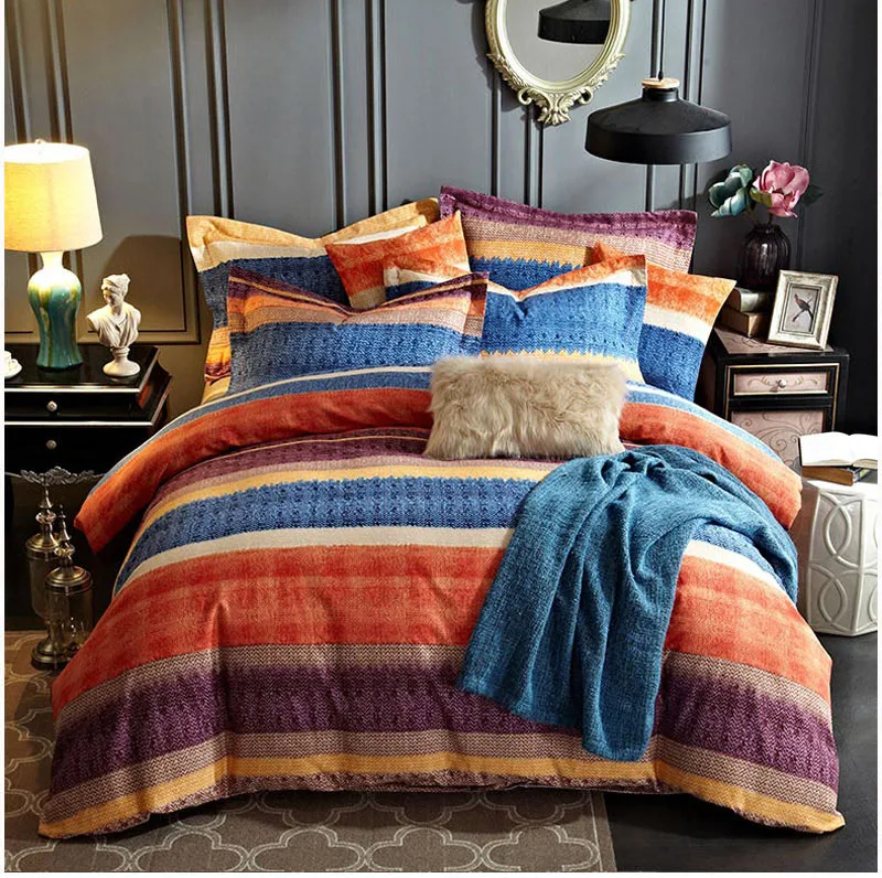 

Fashion 100% Cotton Sanding Stripes Plaid Printed Bedding Set Western Bed Sheet set man's Duvet Cover Pillowcase Queen King 4pcs