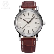 AGENTX Steel Case White Dial Reloje Auto Date Display Quartz Analog Brown Genuine Leather Band Men