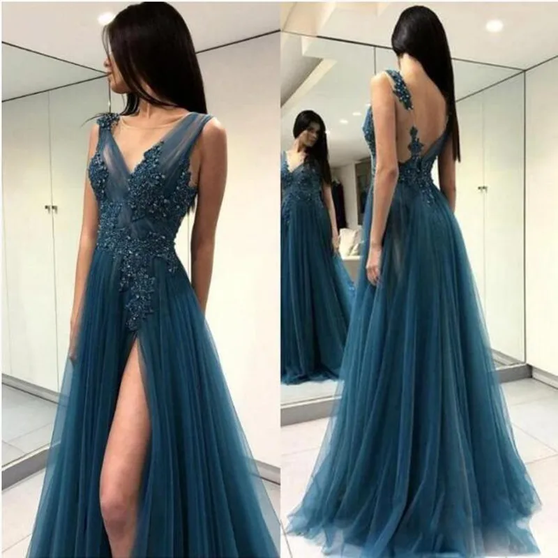

Sexy V-neck Backless A line Long Prom Party Dresses High Slit Tulle Lace Applique Beaded Women Evening Formal Dress Custom Made