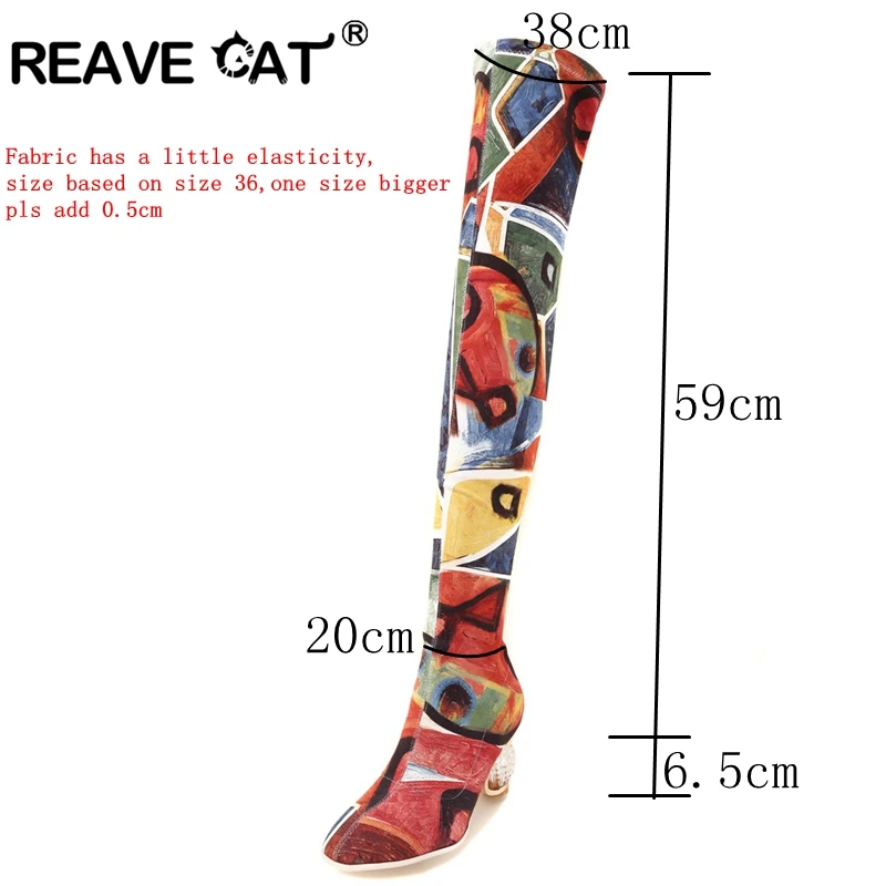 REAVE CAT/женские сапоги до бедра; сезон осень-весна; ботильоны на прозрачном каблуке; эластичные разноцветные Сапоги выше колена; Botas bottine femme