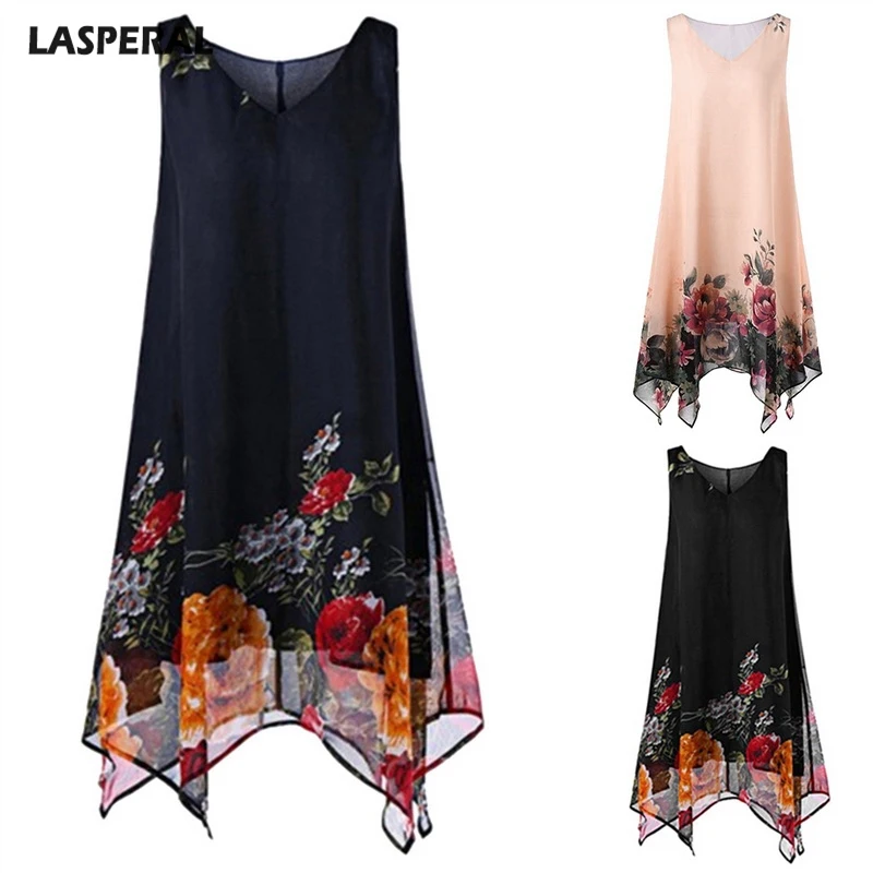 

LASPERAL Loose Sleeveless Beach Dresses For Women Lady Plus Size Summer Boho Dresss Vestidos Casual Flower Print Chiffon Dress