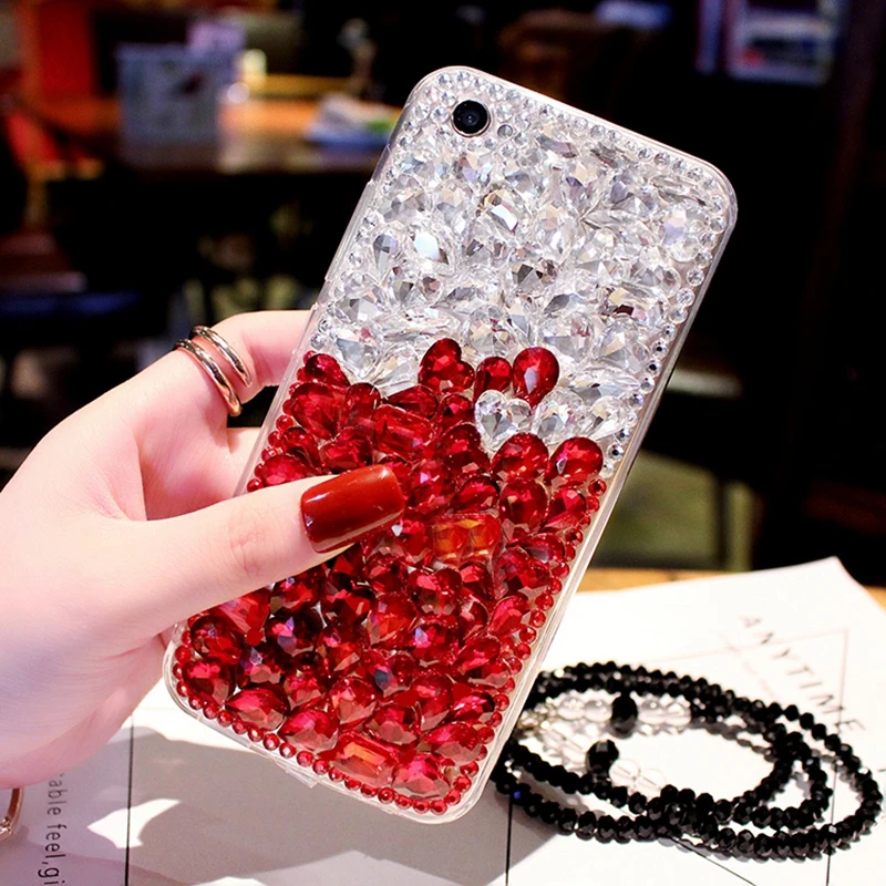 

For iPhone XR Bling Diamond Case Rhinestone Stone Jewelled Cover Case For iPhone XS Max XR With Pearl Lanyard