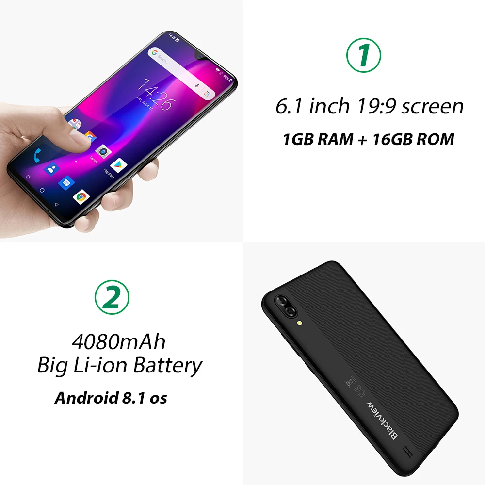 Blackview A60 4080mAh смартфон Android 8 1 13MP сзади Камера 16 Гб Cellhone MT6580 4 ядра 6 &quotв виде капли