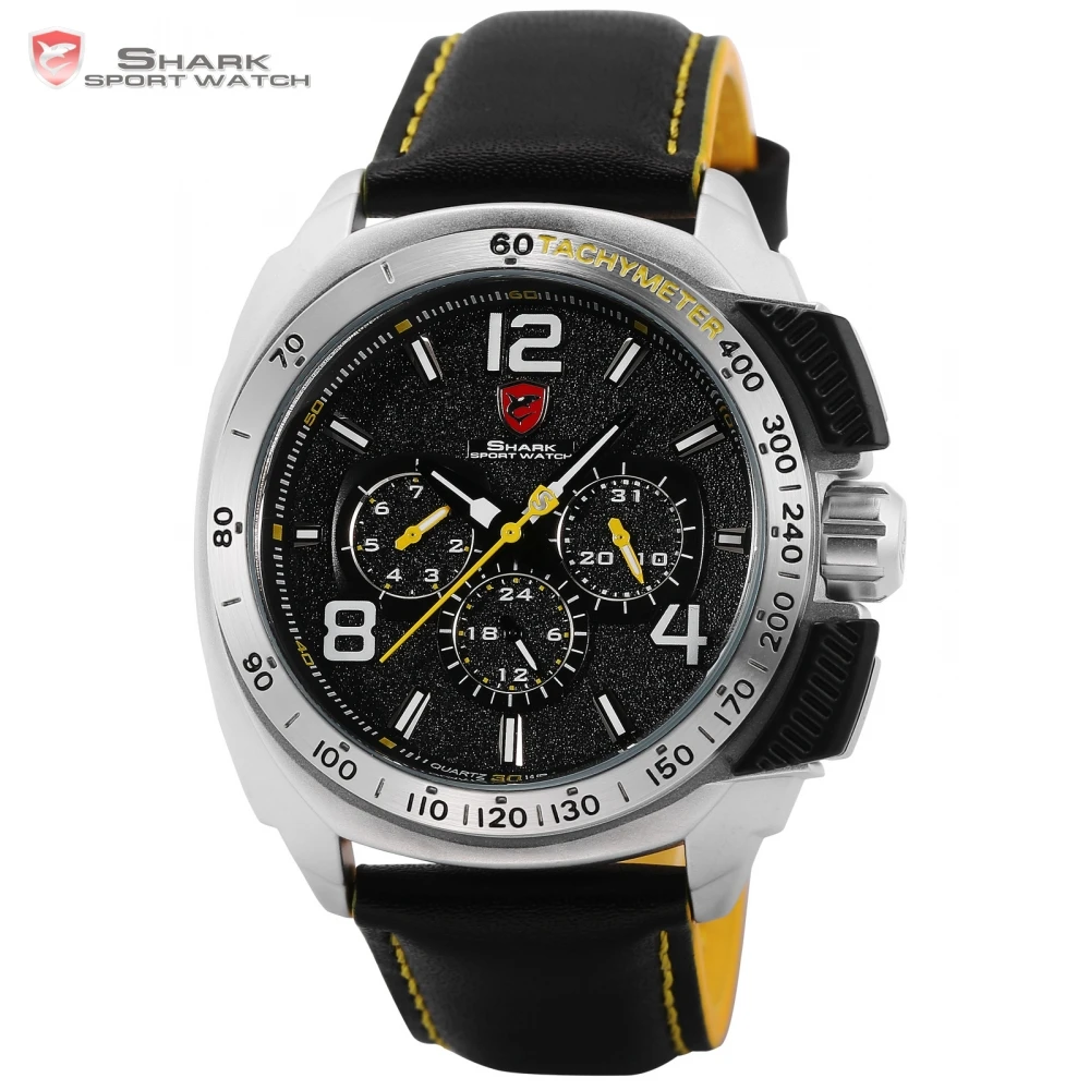 Tiger Shark Sport Watch New Date 24Hrs Silver Bezel Black Yellow Leather Strap Male Clock Military Quartz Men Wristwatch /SH415
