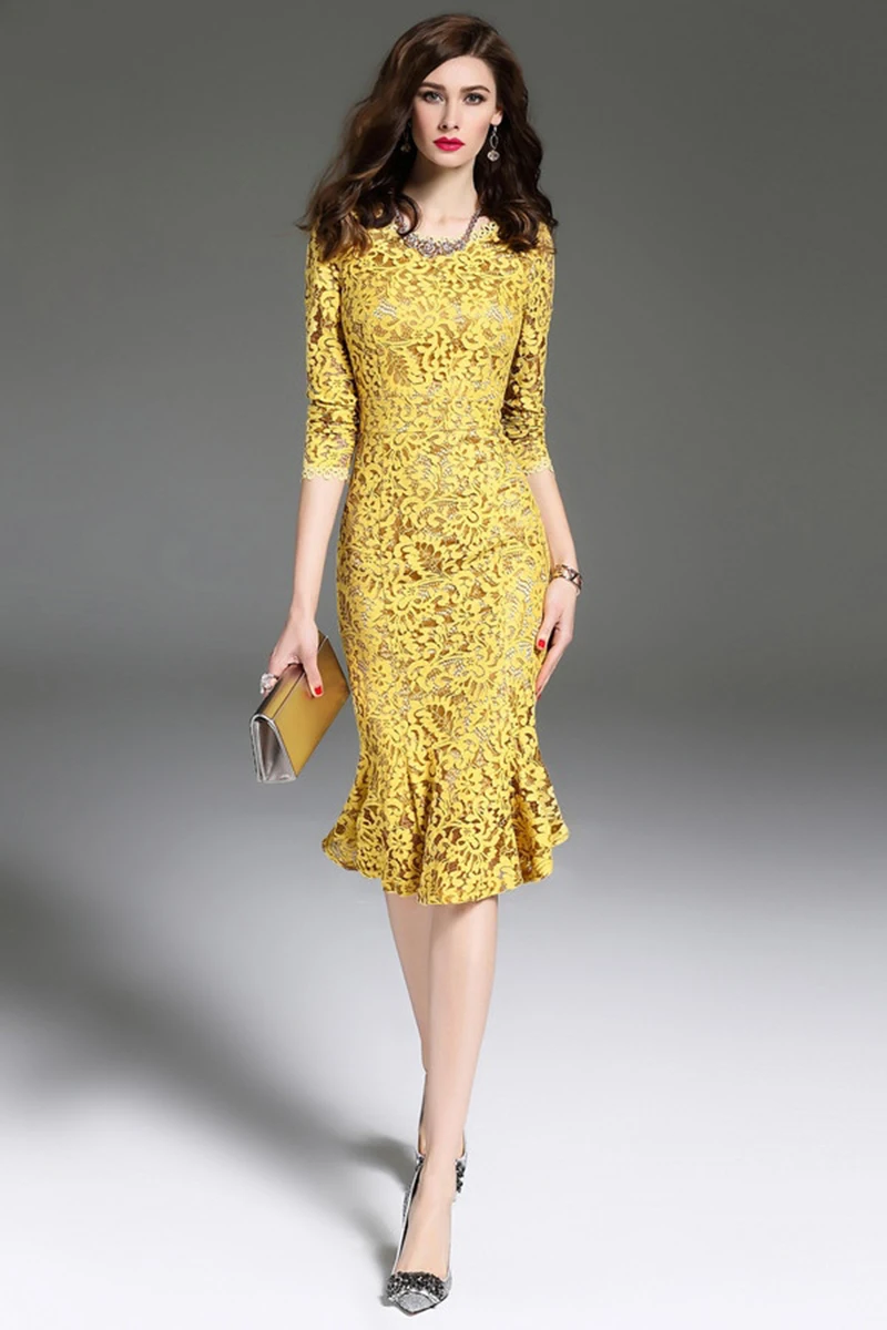 Nanaco женское Ретро Кружевное узкое платье с вышивкой для женщин новые летние желтые платья в стиле знаменитостей рыбий хвост