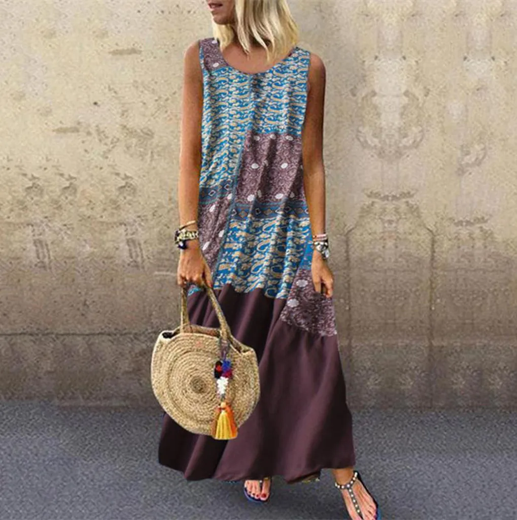 

FREE OSTRICH Puls size Women Vintage Cotton Linen dress Patchwork Stitching Casual Shirt Dress Female Sleeveless Beach Dress