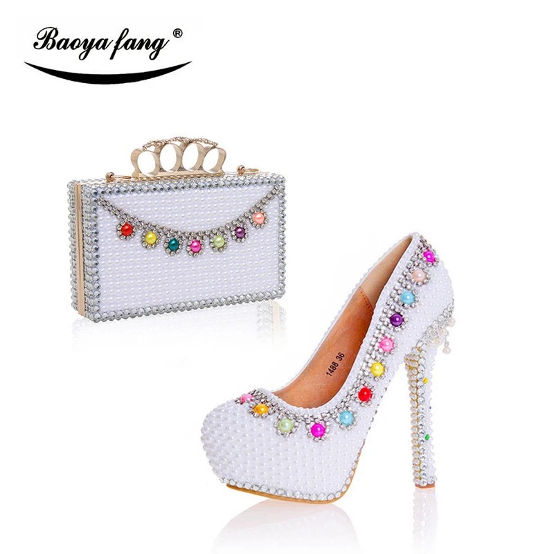 

New white pearl wedding shoes with matching bags women party dress shoes high heel platform shoe leather insole
