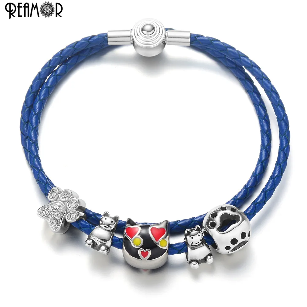 REAMOR Lovely Cartoon Cat Charm Beads Bracelets For Women Navy Blue
