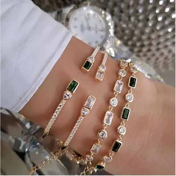 Trendy Luxury Stackable Bangle For Women Wedding Full AAA Cubic Zircon Birthstone CZ Dubai Gold Bracelet Party Jewelry 2019