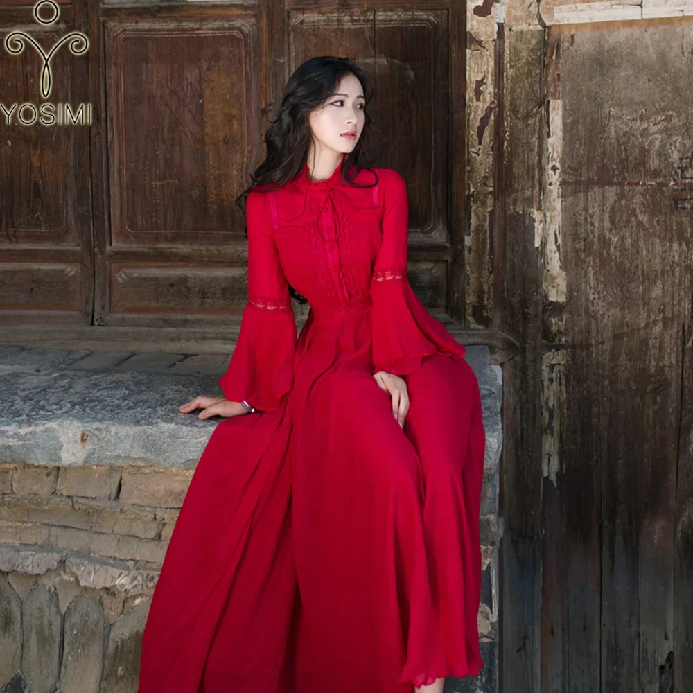 

YOSIMI 2018 Summer Female Vestido Long Women Dress Party Maxi Elegant Voile Vintage Dresses Mid-Calf Stand Neck Ruffles Red Wine