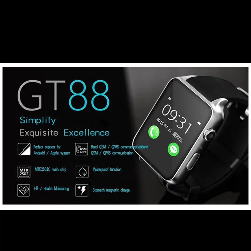 

Waterproof 2502c Smart Watch GT88 Bluetooth SIM V4.0 Camera NFC Heart Rate Monitor support iphone android pk A9 kw18 smartwatch
