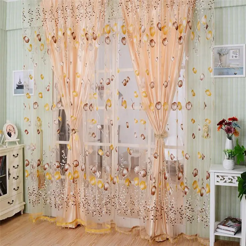 

Floral Tulip Sheer Curtain Beads Tassel Window Door Scarf Drapes Valances Curtains For Room For Living Room
