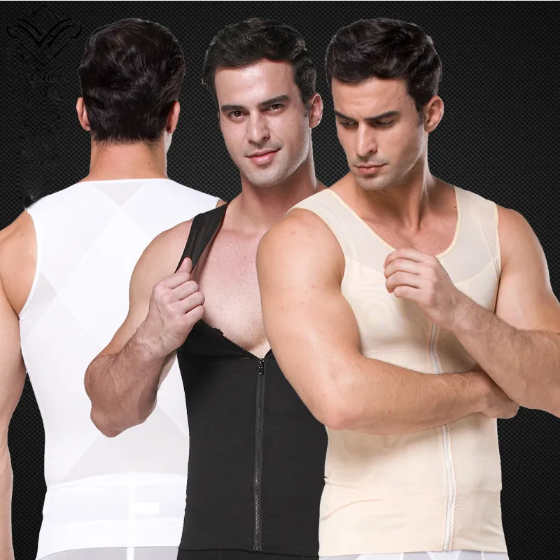  Wechery Shapers Men Shapewear Front Zipper Slimming Body Shaper Plus Size Black Beige White Roun Ne