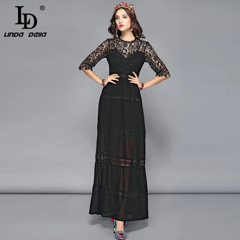 LD LINDA делла модные дизайнерские Элегантные вечерние платья женские 3/4 рукав Цветочная вышивка черное одноцветное Макси длинное платье - Цвет: Черный