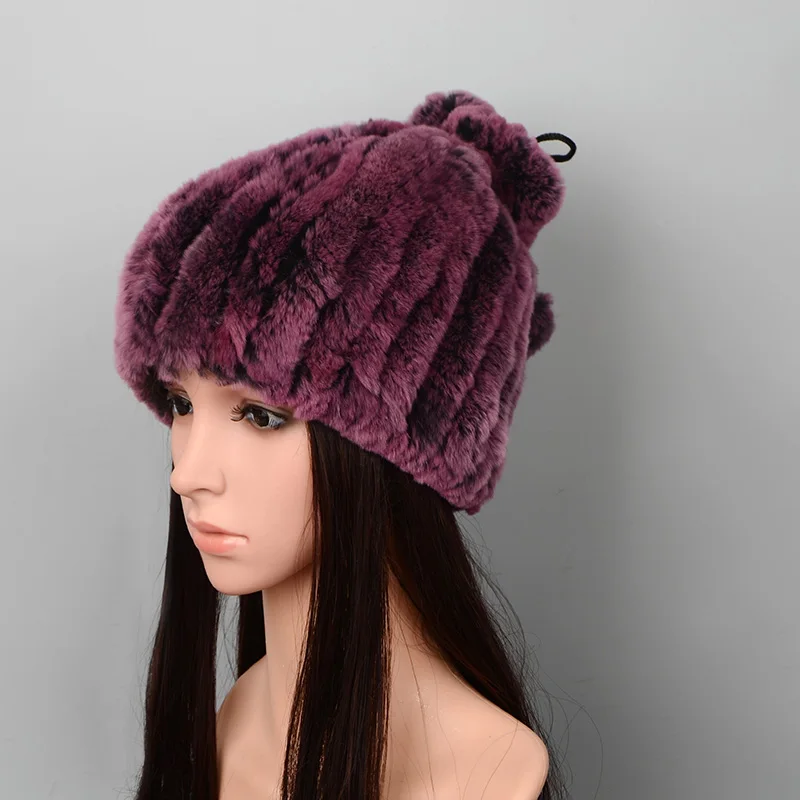 Женская меховая шапка для зимы, натуральный мех кролика Рекс, шапка из меха лисы, женские меховые головные уборы, брендовые новые модные теплые шапки - Цвет: lilac
