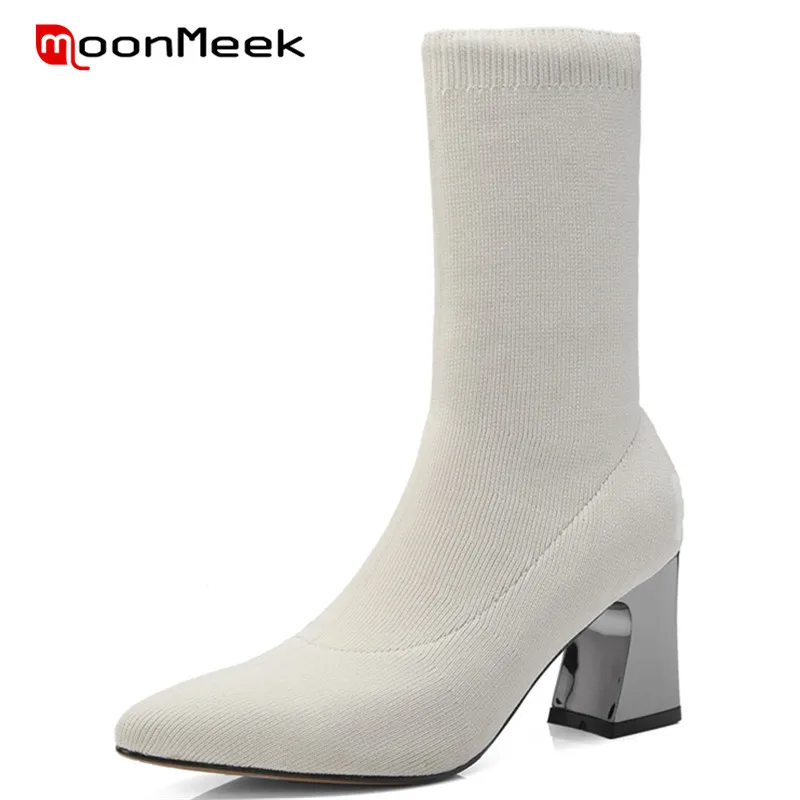 

MoonMeek 2020 new arrive knit boots fashion autumn winter ladies boots popular pointed toe mid calf boots thick heels shoes