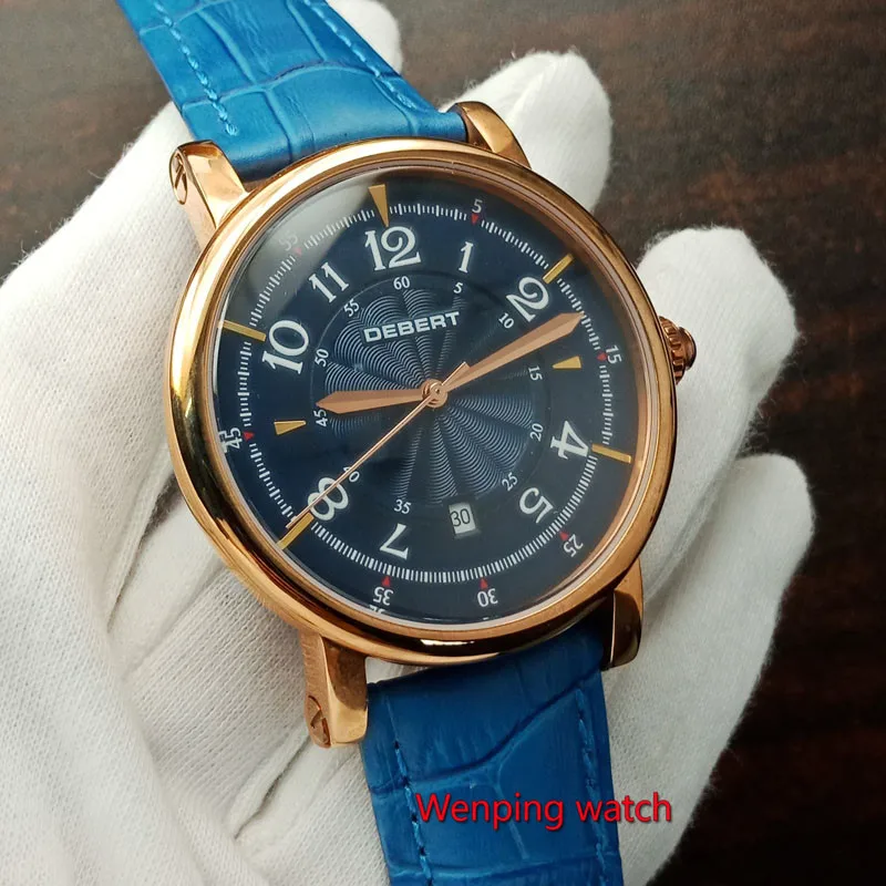 43 мм Debert relogio masculino Золотая Роза сталь синий циферблат синий ремешок автоматические часы мужские W1832