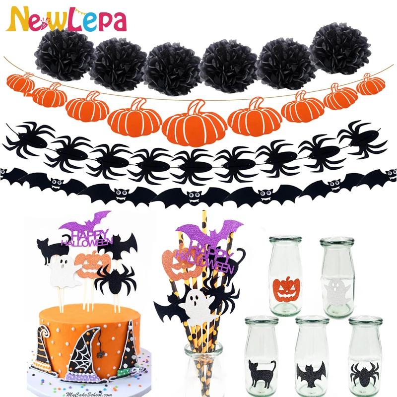 

Newlepa Halloween Pumpkin Spider Bat Paper Pompom Cupcake Topper Straw Sticker Photo Booth Props Banner Decoration