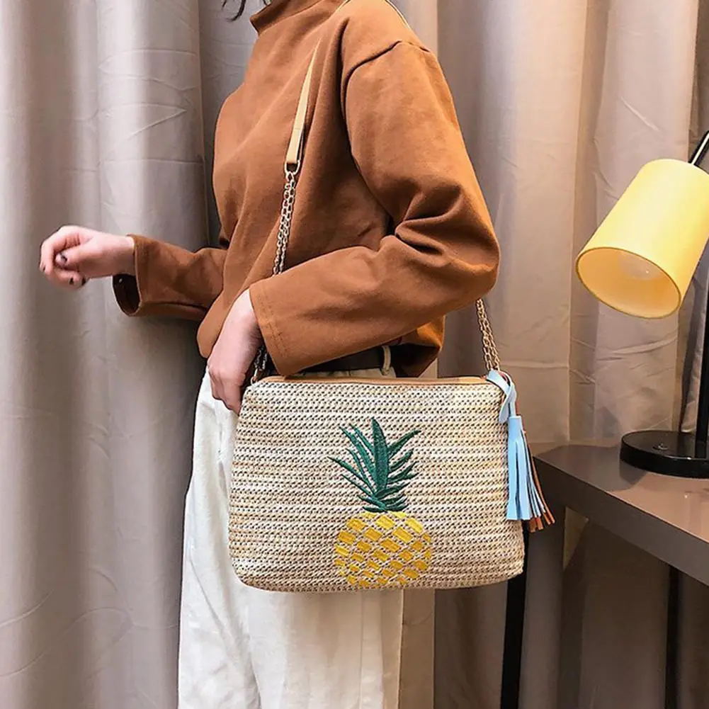 

Women Summer Beach Pineapple Leaf Print Straw Weaving Square Crossbody Shoulder Bag