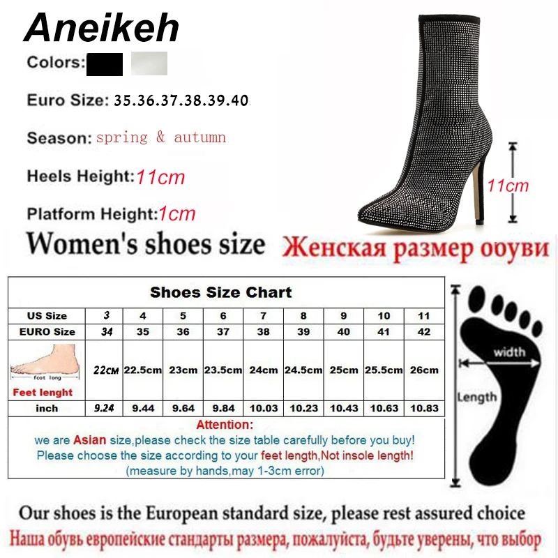 Aneikeh; женские ботильоны; большие размеры 35-42; стразы; обувь на высоком каблуке; женские пикантные мотоботы на молнии с острым носком и стразами; Mujer