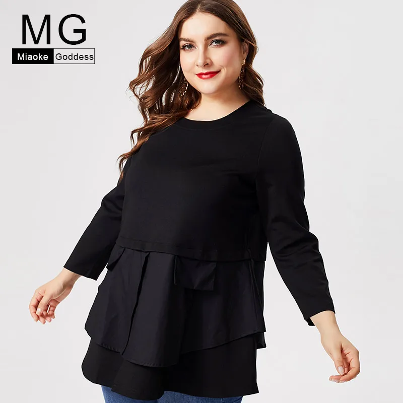

MG 2019 fall Winter Womens Long sleeve Fake two pieces t-shirt fashion Ladies Plus Size black femal Extensible Casual Tops