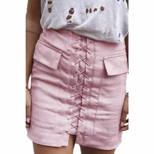 Wei JiXiong Women’s Vintage High Waist External Pocket Tight Suede Lace Up Skirt Autumn Winter Thick Skirt Preppy Mini Skirt