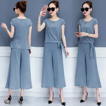 

Retro Fashion Wide Leg Pants Temperament Chiffon Bow Two Piece Set Top And Pants Solid Thin Classical Ensemble Femme Deux Pieces