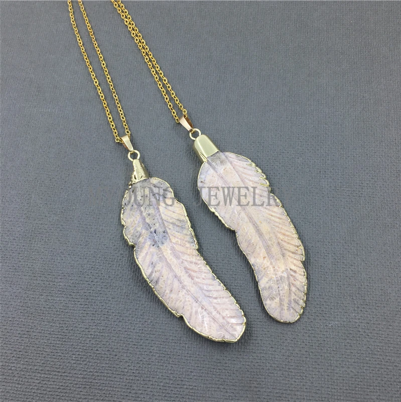 MY0988 Natural Carved Chrysanthemum Stone Feather Shape Pendant Necklace With Gold Color Chain